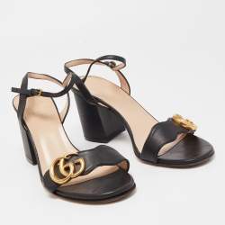 Pre Owned Gucci Black Leather GG Marmont Ankle Strap Sandals Size 37.5