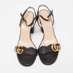 Pre Owned Gucci Black Leather GG Marmont Ankle Strap Sandals Size 37.5