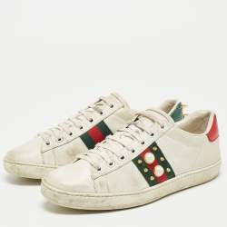 Gucci White Leather Pearl Embellished and Spiked Ace Sneakers Size 38
