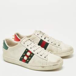 Gucci White Leather Pearl Embellished and Spiked Ace Sneakers Size 38