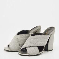 Pre Owned Gucci Silver Glitter Webby Criss Cross Slide Sandals Size 36.5