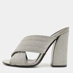 Pre Owned Gucci Silver Glitter Webby Criss Cross Slide Sandals Size 36.5