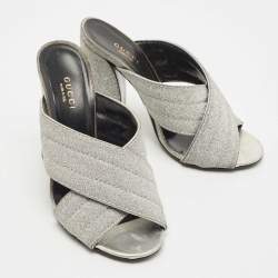 Pre Owned Gucci Silver Glitter Webby Criss Cross Slide Sandals Size 36.5
