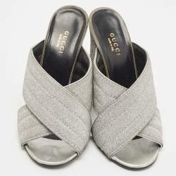 Pre Owned Gucci Silver Glitter Webby Criss Cross Slide Sandals Size 36.5