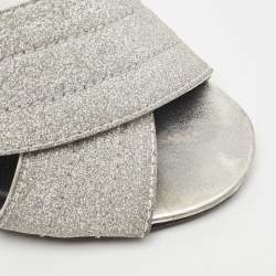 Pre Owned Gucci Silver Glitter Webby Criss Cross Slide Sandals Size 36.5