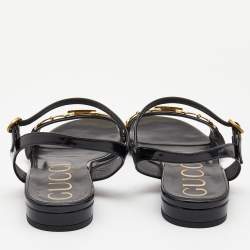 Pre Owned Gucci Black Patent Leather Ankle Strap Flat Sandals Size 40