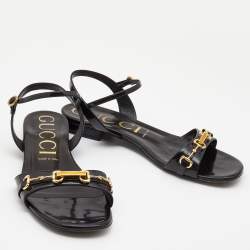 Pre Owned Gucci Black Patent Leather Ankle Strap Flat Sandals Size 40