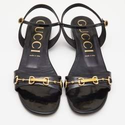Pre Owned Gucci Black Patent Leather Ankle Strap Flat Sandals Size 40