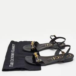 Pre Owned Gucci Black Patent Leather Ankle Strap Flat Sandals Size 40