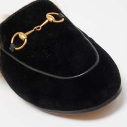 Pre Owned Gucci Black Velvet and Fur Princetown Flat Mules Size 36.5