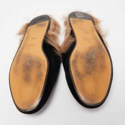 Pre Owned Gucci Black Velvet and Fur Princetown Flat Mules Size 36.5