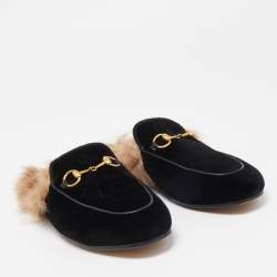 Pre Owned Gucci Black Velvet and Fur Princetown Flat Mules Size 36.5