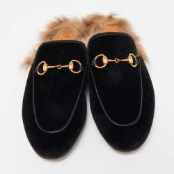 Pre Owned Gucci Black Velvet and Fur Princetown Flat Mules Size 36.5