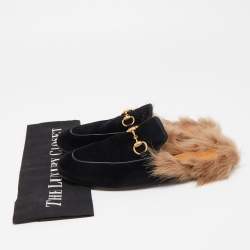 Pre Owned Gucci Black Velvet and Fur Princetown Flat Mules Size 36.5