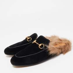 Pre Owned Gucci Black Velvet and Fur Princetown Flat Mules Size 36.5