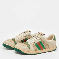 Pre Owned Gucci Beige/Brown Nubuck Leather and GG Canvas Screener Sneakers Size 39.5