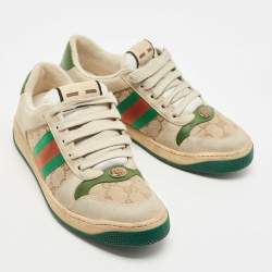 Pre Owned Gucci Beige/Brown Nubuck Leather and GG Canvas Screener Sneakers Size 39.5