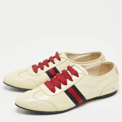 Gucci Cream Patent Leather Web Lace Up Sneakers Size 35