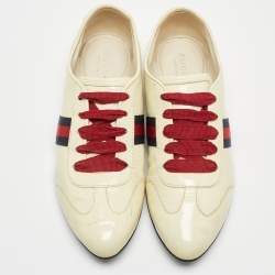 Gucci Cream Patent Leather Web Lace Up Sneakers Size 35