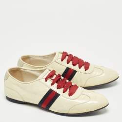 Gucci Cream Patent Leather Web Lace Up Sneakers Size 35