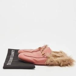 Gucci Pink Leather and Fur Princetown Mules Size 39