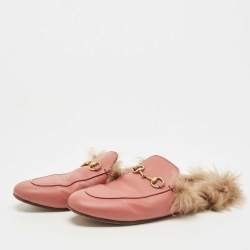 Gucci Pink Leather and Fur Princetown Mules Size 39