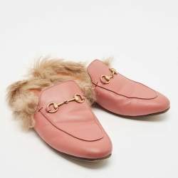 Gucci Pink Leather and Fur Princetown Mules Size 39