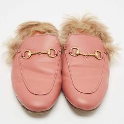 Gucci Pink Leather and Fur Princetown Mules Size 39