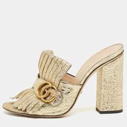Gucci Gold Textured Leather GG Marmont Slides Size 38 