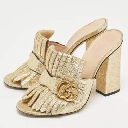 Gucci Gold Textured Leather GG Marmont Slides Size 38 