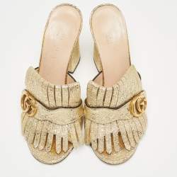 Gucci Gold Textured Leather GG Marmont Slides Size 38 