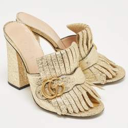 Gucci Gold Textured Leather GG Marmont Slides Size 38 