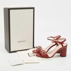 Gucci Red Leather Horsebit Block Heel Ankle Strap Sandals Size 37.5