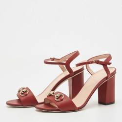 Gucci Red Leather Horsebit Block Heel Ankle Strap Sandals Size 37.5