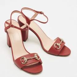 Gucci Red Leather Horsebit Block Heel Ankle Strap Sandals Size 37.5