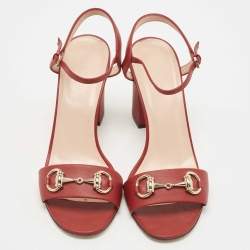 Gucci Red Leather Horsebit Block Heel Ankle Strap Sandals Size 37.5