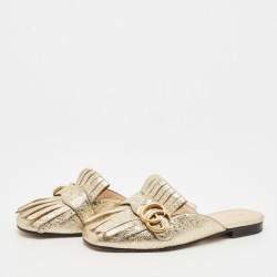 Gucci Gold Foil Leather GG Marmont Fringe Detail Flat Mules Size 36