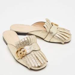 Gucci Gold Foil Leather GG Marmont Fringe Detail Flat Mules Size 36