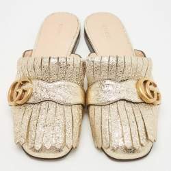 Gucci Gold Foil Leather GG Marmont Fringe Detail Flat Mules Size 36