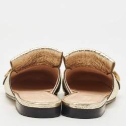 Gucci Gold Foil Leather GG Marmont Fringe Detail Flat Mules Size 36