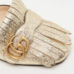 Gucci Gold Foil Leather GG Marmont Fringe Detail Flat Mules Size 36