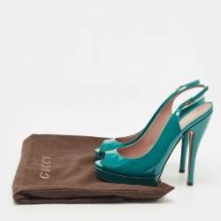 Pre Owned Gucci Teal Patent Leather Peep Toe Platform Slingback Pumps Size 37