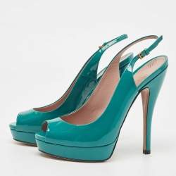 Pre Owned Gucci Teal Patent Leather Peep Toe Platform Slingback Pumps Size 37