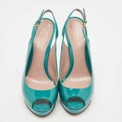 Pre Owned Gucci Teal Patent Leather Peep Toe Platform Slingback Pumps Size 37