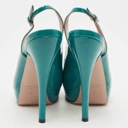 Pre Owned Gucci Teal Patent Leather Peep Toe Platform Slingback Pumps Size 37