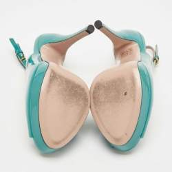 Pre Owned Gucci Teal Patent Leather Peep Toe Platform Slingback Pumps Size 37