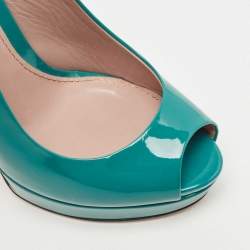 Pre Owned Gucci Teal Patent Leather Peep Toe Platform Slingback Pumps Size 37