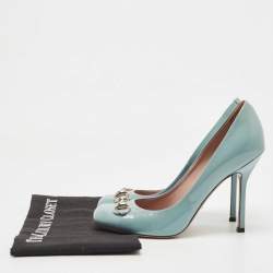 Pre Owned Gucci Blue Patent Leather Jolene Horsebit Pumps Size 39