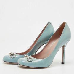 Pre Owned Gucci Blue Patent Leather Jolene Horsebit Pumps Size 39