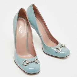 Pre Owned Gucci Blue Patent Leather Jolene Horsebit Pumps Size 39